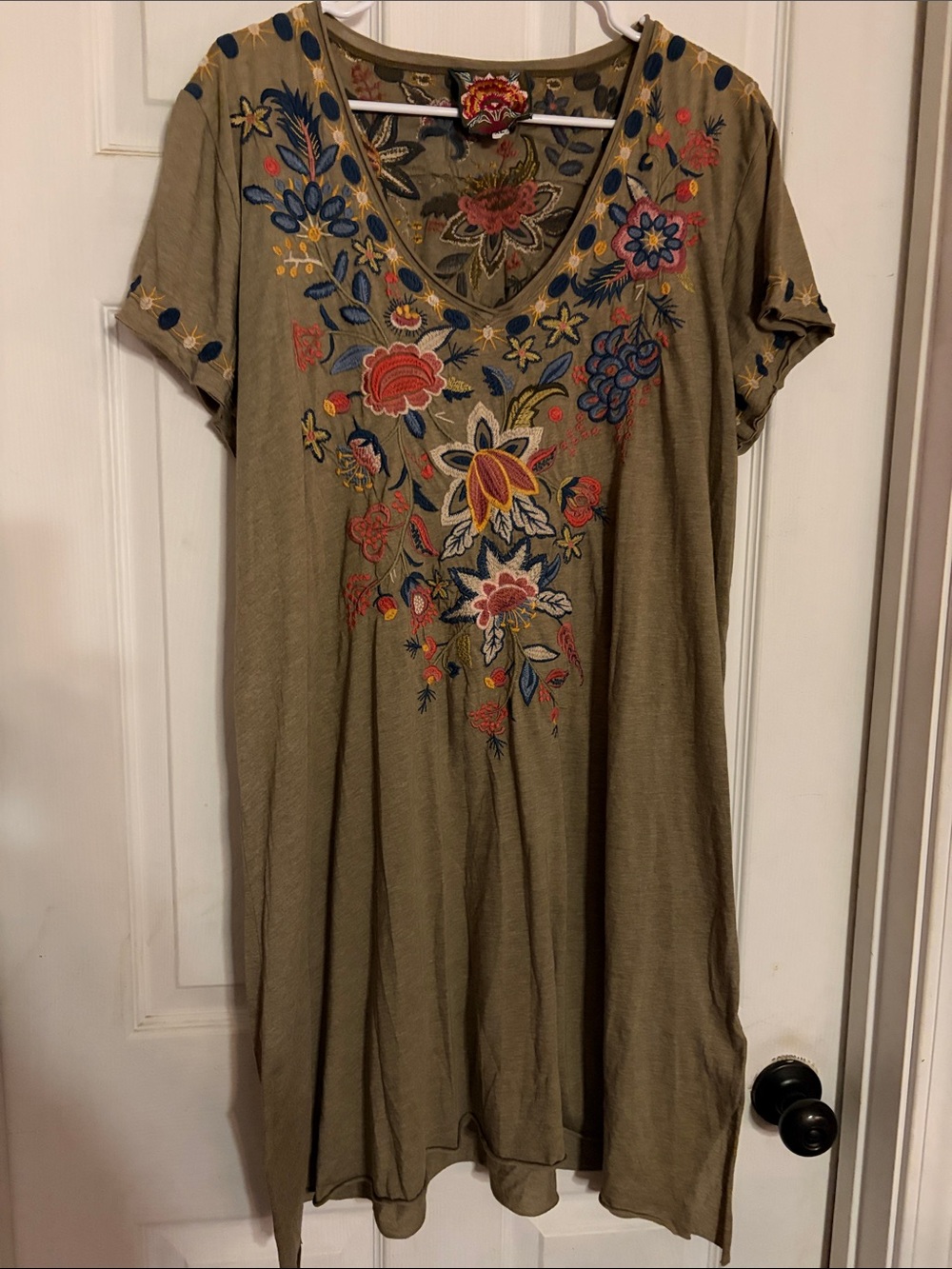 Johnny Was Tiwa Olive Floral Embroidered V-Neck Dress